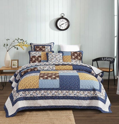 Prairie Sunset White Blue Yellow Brown Floral Cotton Patchwork Quilt Set