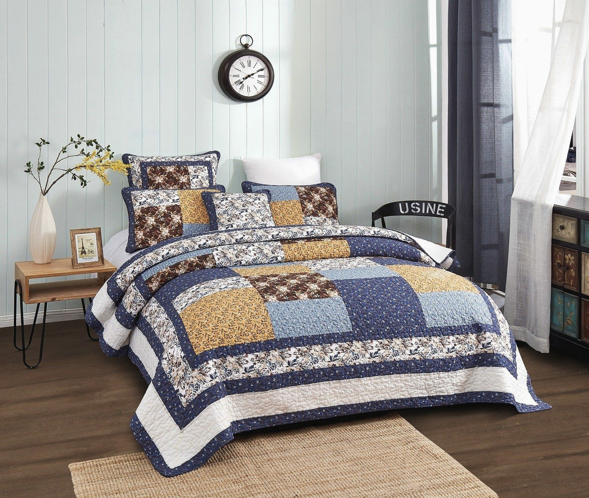 Prairie Sunset White Blue Yellow Brown Floral Cotton Patchwork Quilt Set