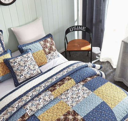Prairie Sunset White Blue Yellow Brown Floral Cotton Patchwork Quilt Set