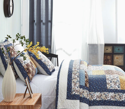 Prairie Sunset White Blue Yellow Brown Floral Cotton Patchwork Quilt Set