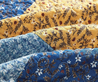 Prairie Sunset White Blue Yellow Brown Floral Cotton Patchwork Quilt Set