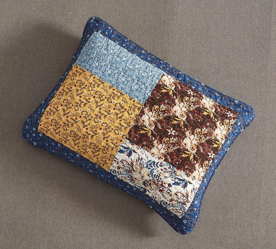 Prairie Sunset White Blue Yellow Brown Floral Cotton Patchwork Quilt Set