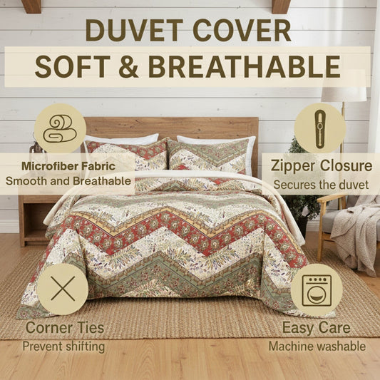Cranberry Sage Floral Chevron Duvet Cover Set