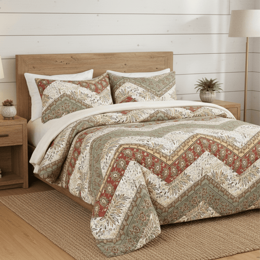 Cranberry Sage Floral Chevron Duvet Cover Set