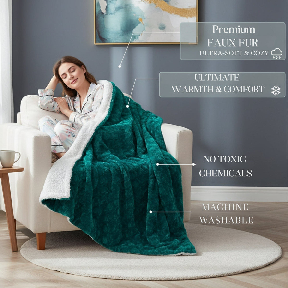 Emerald Green Blue Faux Fur Sherpa Throw Blanket