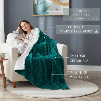 Emerald Green Blue Faux Fur Sherpa Throw Blanket