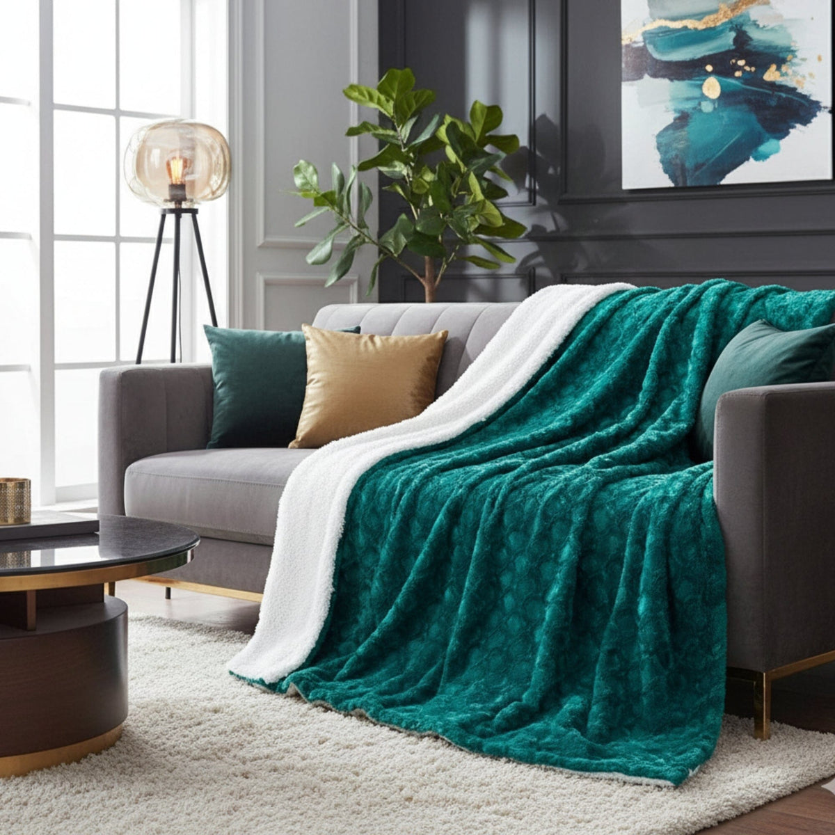 Emerald Green Blue Faux Fur Sherpa Throw Blanket