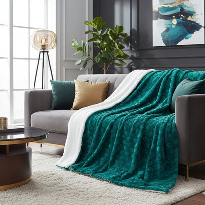 Emerald Green Blue Faux Fur Sherpa Throw Blanket