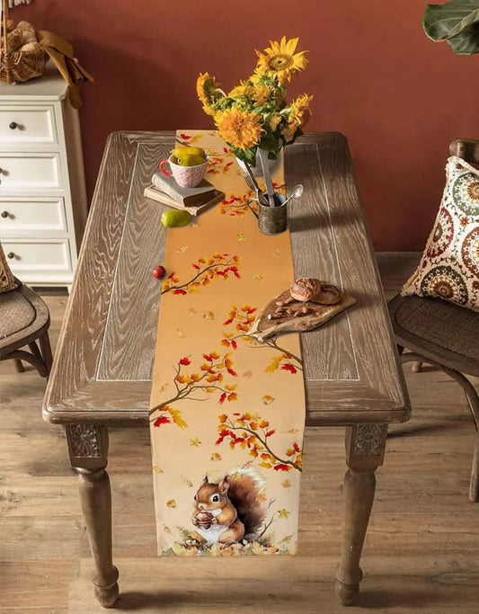 Autumn Squirrel Maple Leaves Printed Linen Table Runners