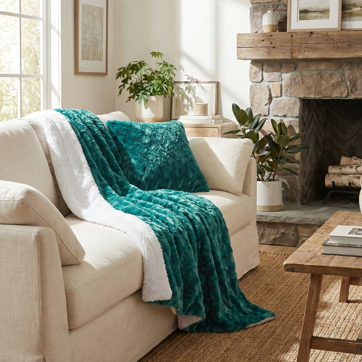 Emerald Green Blue Faux Fur Sherpa Throw Blanket