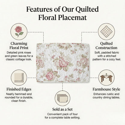 DaDa Bedding Set of 4-Pieces Dainty Cottage Floral Roses Quilted Cotton Dining Table Placemats 13” x 19” (3036)