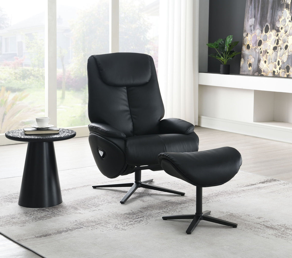 Top Grain Leather Accent Chair With Swivel & Ottoman - Black
