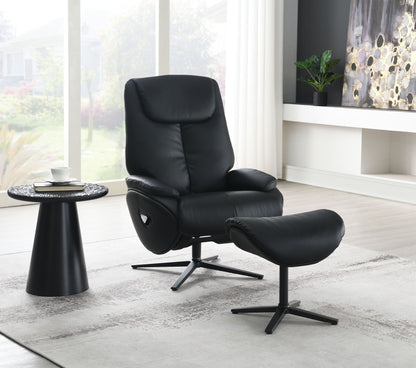 Top Grain Leather Accent Chair With Swivel & Ottoman - Black