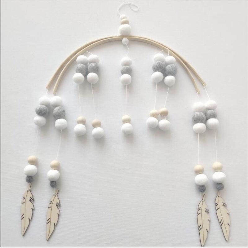 Wooden Beads Wind Chimes with Wool Balls Nursery Mobile