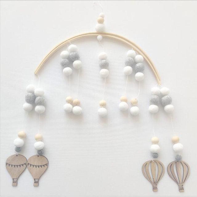 Wooden Beads Wind Chimes with Wool Balls Nursery Mobile