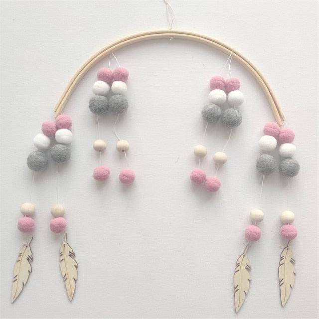 Wooden Beads Wind Chimes with Wool Balls Nursery Mobile