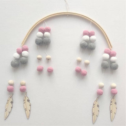 Wooden Beads Wind Chimes with Wool Balls Nursery Mobile