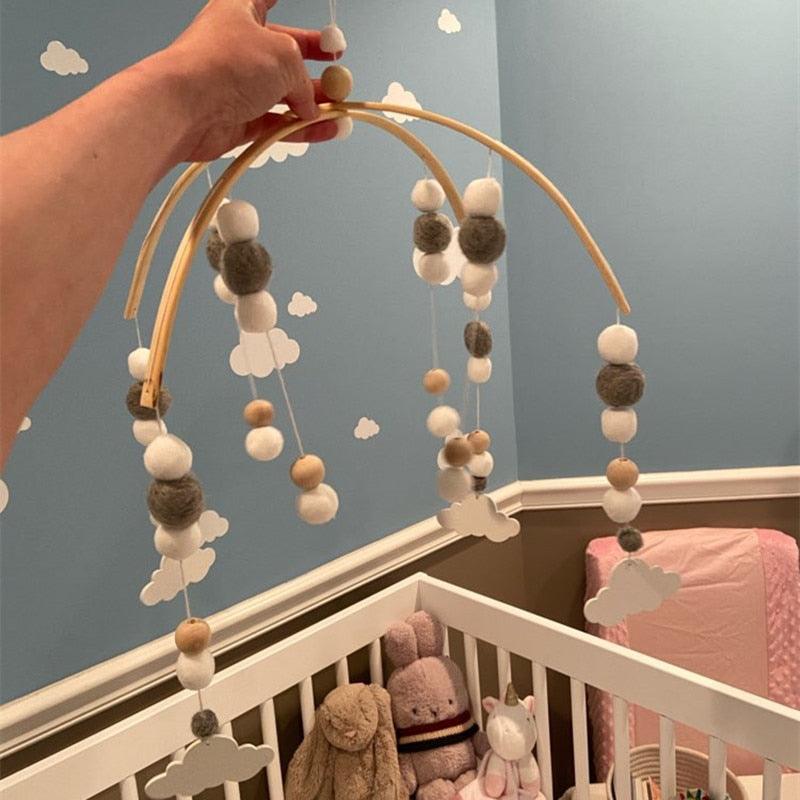 Wooden Beads Wind Chimes with Wool Balls Nursery Mobile