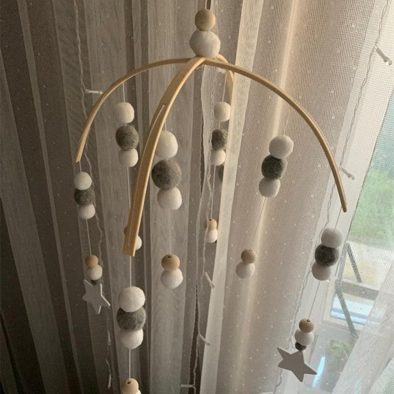 Wooden Beads Wind Chimes with Wool Balls Nursery Mobile