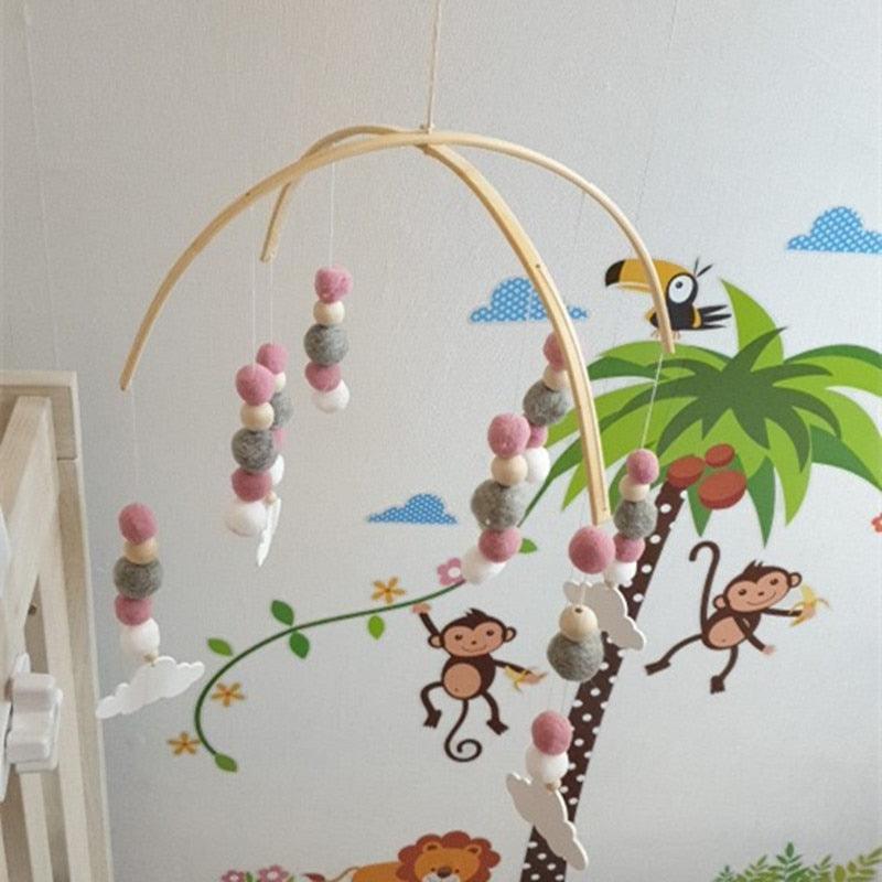 Wooden Beads Wind Chimes with Wool Balls Nursery Mobile