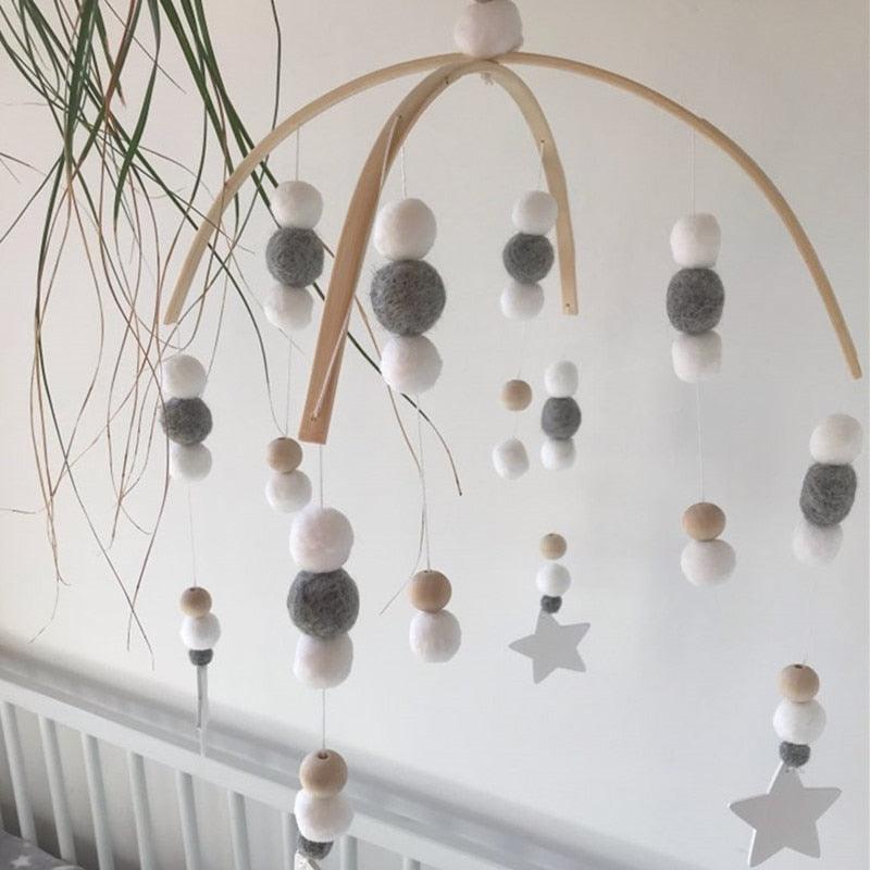 Wooden Beads Wind Chimes with Wool Balls Nursery Mobile