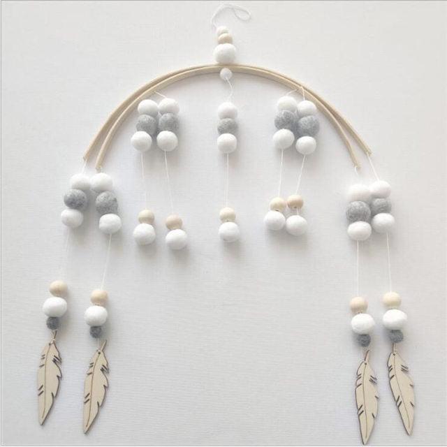 Wooden Beads Wind Chimes with Wool Balls Nursery Mobile