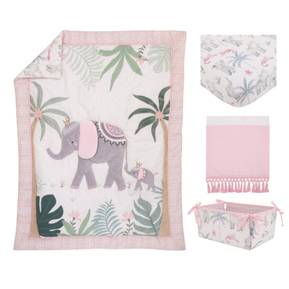 Tropical Princess Elephant /Jungle Pink and Green 4 Piece Crib Bedding Set