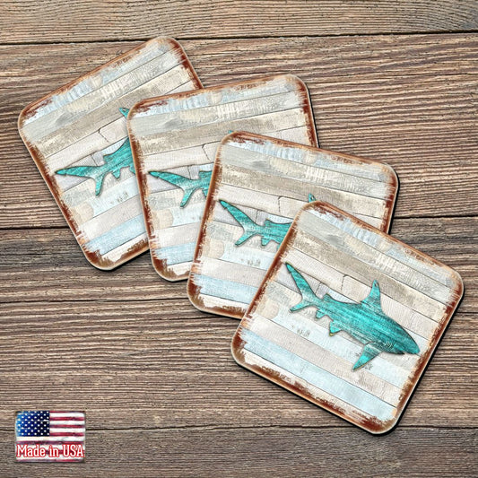 Shark Coastal Wooden Cork Coasters Gift Set of 4 by Nature Wonders - Coastal Sea-Life Decor - 8198515-9C-S4