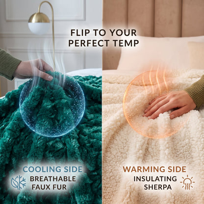 Emerald Green Blue Faux Fur Sherpa Throw Blanket