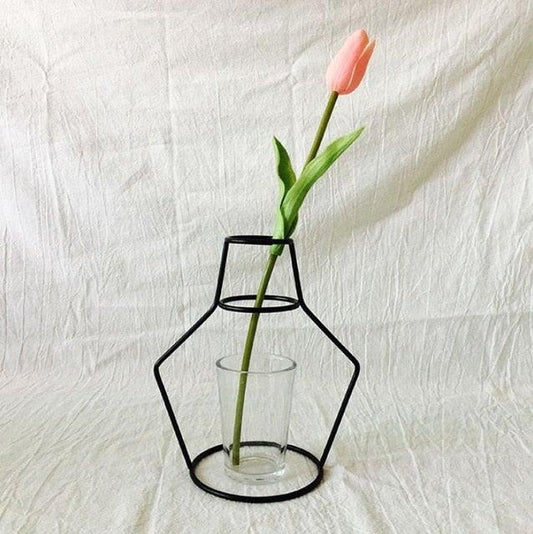 Style Retro Line Flowers Vase Frame Nordic Style Wall Hanging