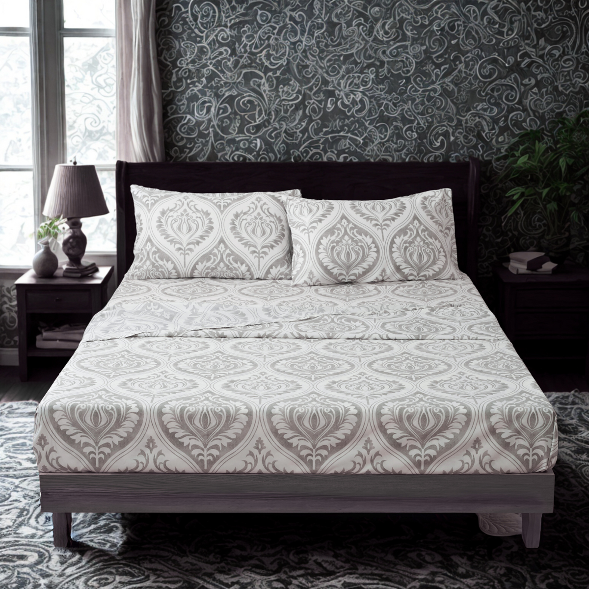 Dreamy Moon Sky Heather Gray White Bed Sheet Set
