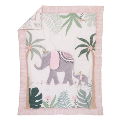 Tropical Princess Elephant /Jungle Pink and Green 4 Piece Crib Bedding Set
